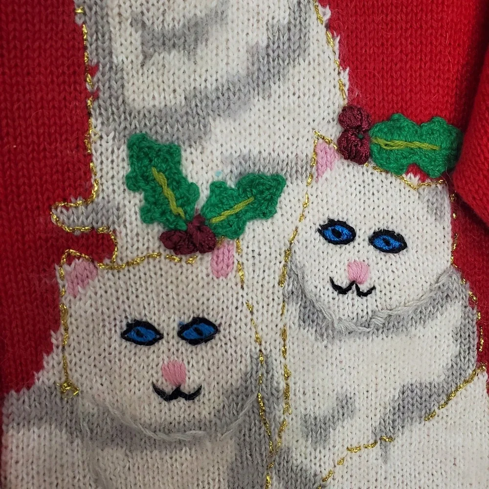 Storybook Knits Sweater Womens 2XL Red Christmas Siamese Cat Cardigan NWT - Picture 2 of 7